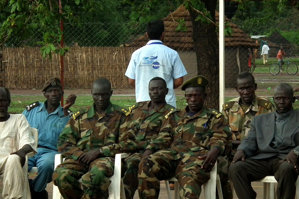 A Nonviolent Peaceforce worker at a community meeting in Sudan in June 2011. (Flickr/Nonviolent Peaceforce)