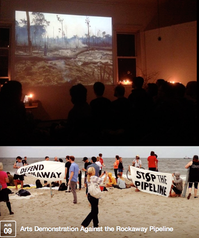 Film screening, 1882 Woodbine (Woodbine); Announcement for Arts Demonstration Against Rockaway Pipeline, Aug. 9, 2014 (Facebook).