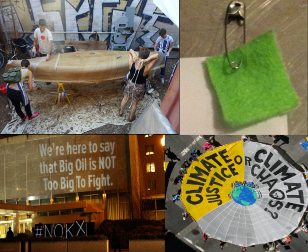 Clockwise from top-left: Boat-building session for SeaChange in Troy, New York, July 2014 (SeaChange); prototype for wearable climate justice emblem (WNV/Anonymous); Climate Justice action, San Francisco, October 2009 (actforclimatejustice.org); Illuminator Projection, State Department, March 2014 (Illuminator).