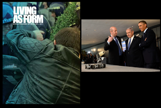 Creative Time, "Living as Form," 2011 (Creative TIme); Benjamin Netanyahu and Barack Obama at weapons demonstration, Technion University, Israel, 2013 (defenseupdate.com).