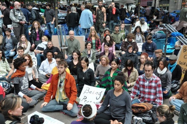 Activists  meditating in Zuccotti Park during Occupy. (WNV / Karsten Braaten)