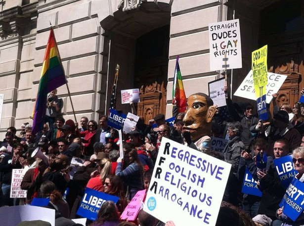 RFRA protesters in Indianapolis. (Wikimedia / Justin Eagan)