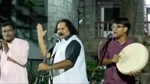 Sambhaji Bhagat (centre) performs with Dhamm Muktiwadi (right) & Baba (left) of Vidrohi Shahir Jalsa in Bangalore in March 2015. (WNV/Pushpa Achanta)
