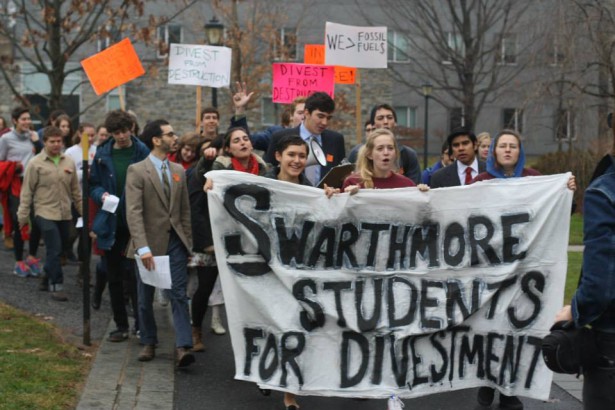 Swarthmore students marching on campus in December. (Facebook / Swarthmore Mountain Justice)