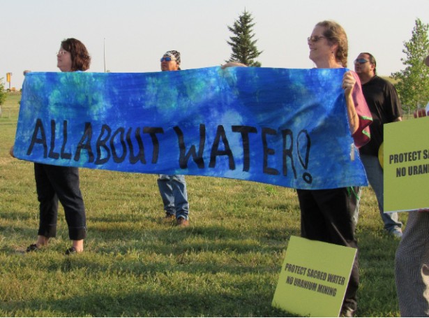 Colleen Brennan and Nancy Kile of the Sisterhood Waterwatch rally outside the Nuclear Regulatory Hearings in Crawford.