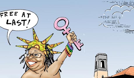A cartoon depicting Stella Nyanzi's victorious nude protest. (Daily Monitor)