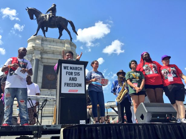Rev. Barber speaking speaking in front of Confederate monument in Richmond, Virginia. (Twitter / Fight for $15)