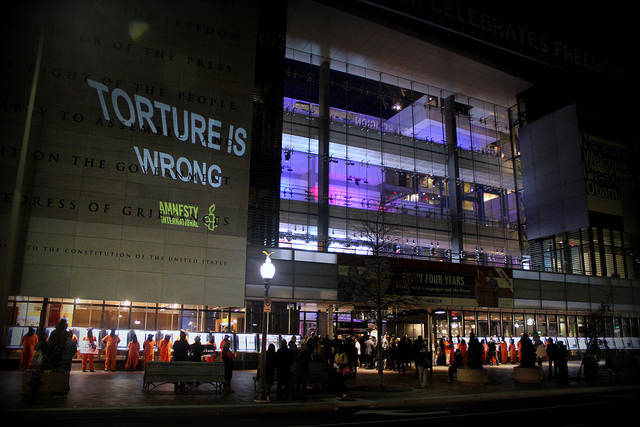 A projection on the Newseum building at the premier of Zero Dark Thirty on January 8. (WNV/Palina Prasasouk)