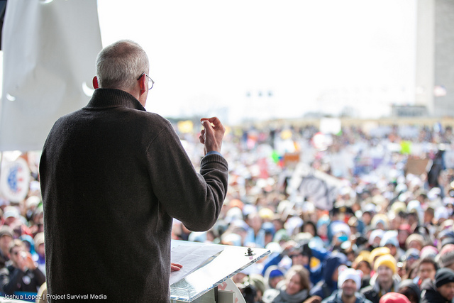 Bill McKibben address the crowd gathered near the Washington Monument during Sunday's Forward on Climate rally. (Flickr/Josh Lopez, 350.org)