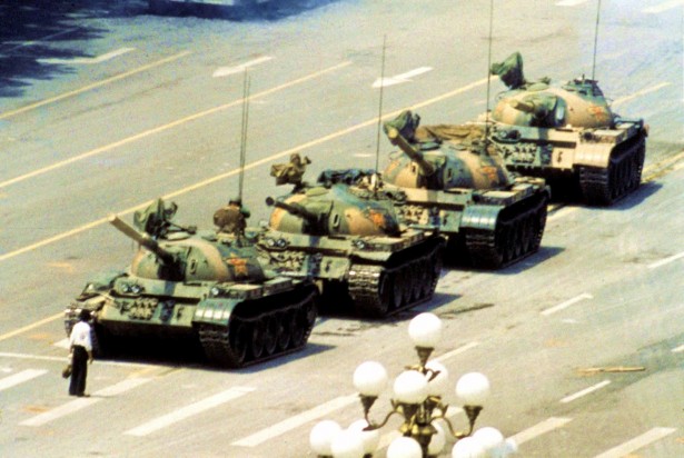 "Tank man" blocks a column of tanks during the Tiananmen Square protests of 1989.