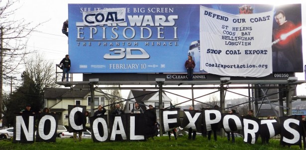Coal export opponents in Oregon engage in billboard modification to get their message out. (Portland Rising Tide)
