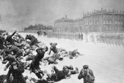 Drawing of Bloody Sunday in St. Petersburg, Russia, when unarmed demonstrators marching to present a petition to Nicholas II were shot at by the Imperial Guard in front of the Winter Palace on January 22, 1905. (Wikipedia)