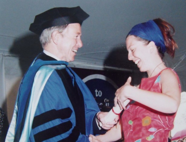 Frida Berrigan receiving her diploma at the 1996 Hampshire College graduation ceremony. 