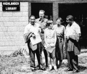 Rev. Martin Luther King Jr., Pete Seeger, Charis Horton, Rosa Parks and the Rev. Ralph Abernathy at the Highlander Center in 1957. (Pete Seeger)