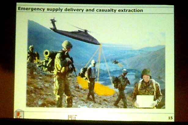 Slide from a talk at the Drones and Aerial Robotics Conference featuring an imagined drone helicopter. (WNV/Ingrid Burrington)