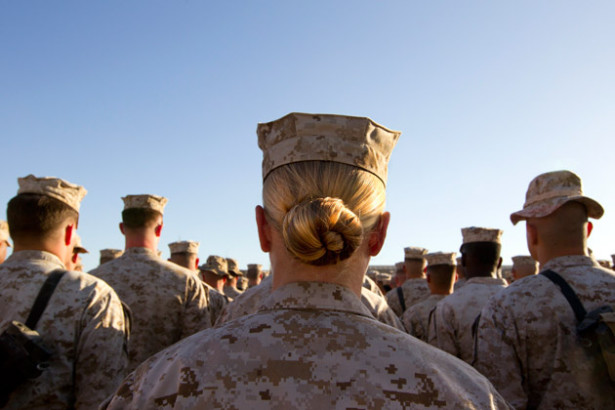 Men and women marines stand in formation at Camp Delaram in Helmand province, Afghanistan. (Paula Bronstein/Getty Images)