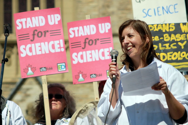 Dr. Katie Gibbs speaks at a Stand Up for Science rally at Parliament Hill in Ottowa last September. (Evidence for Democracy / Kevin O'Donnell)