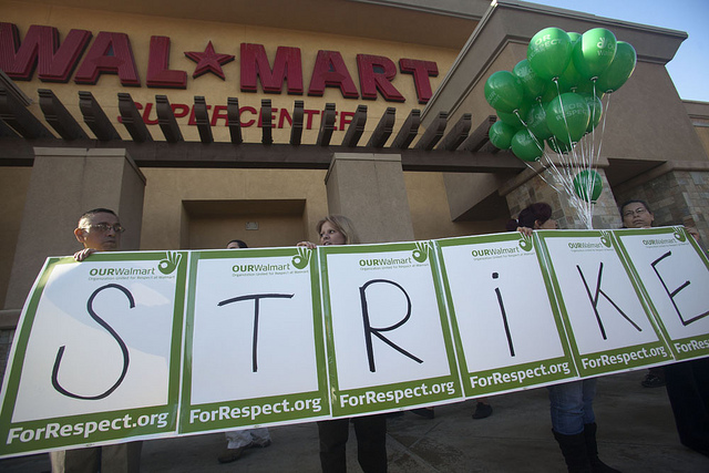 Walmart employee and their supporters strike outside of a Walmart store in Pico Rivera, Calif., on November 20. (OURWalmart / Aurelio Jose Barrera)
