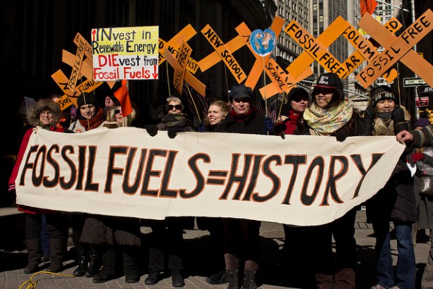 A crowd gathered in the cold near Wall Street on Friday to call for New York's divestment from fossil fuels. (Flickr / 350)