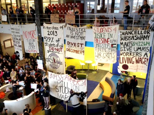 Banners were dropped at UMass Amherst as part of the Million Student March. (Twitter) 