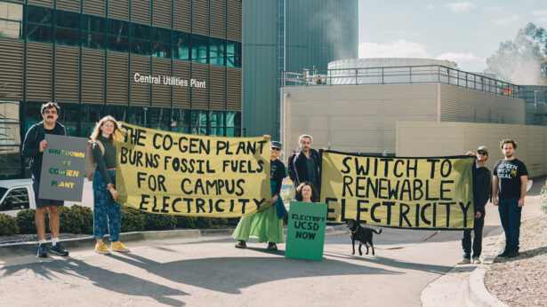 Green New Deal at UC San Diego members protest outside the school's methane gas cogeneration plant.