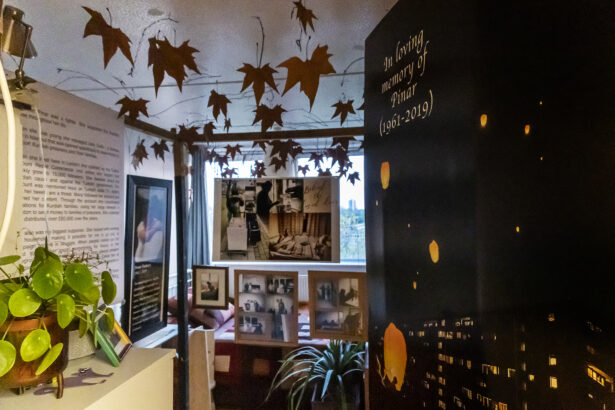 Pinar's bedroom with leaves hanging and photos displayed
