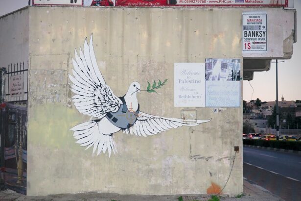 Graffiti depicting a dove with a bulletproof vest