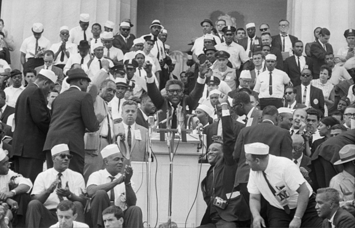 Rustin speaks to the crowd of marchers from the Lincoln Memorial.