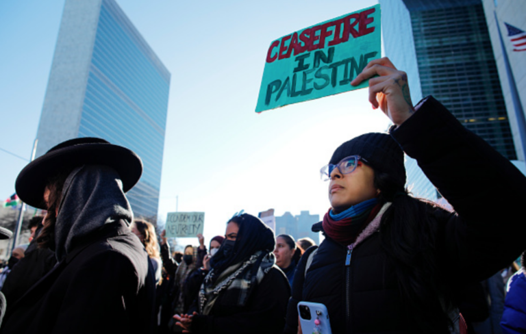 A protest of atrocities in Gaza outside the United Nations