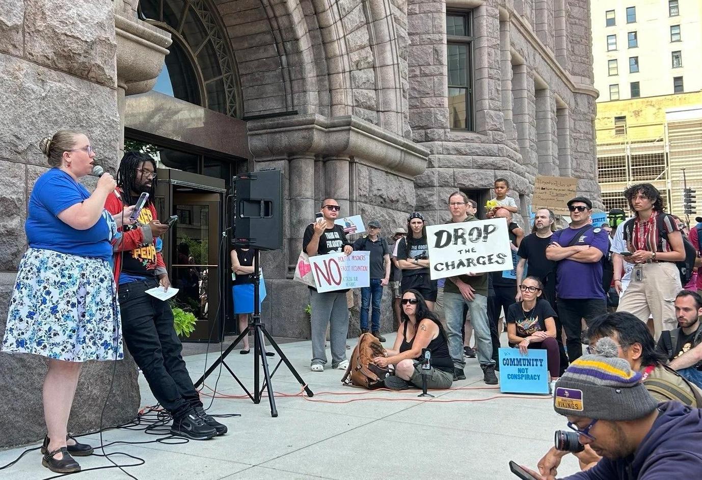 Treasure Thoreson, labor leader and co-defendant, speaks to a crowd rallying to drop the charges against the Minneapolis 15.